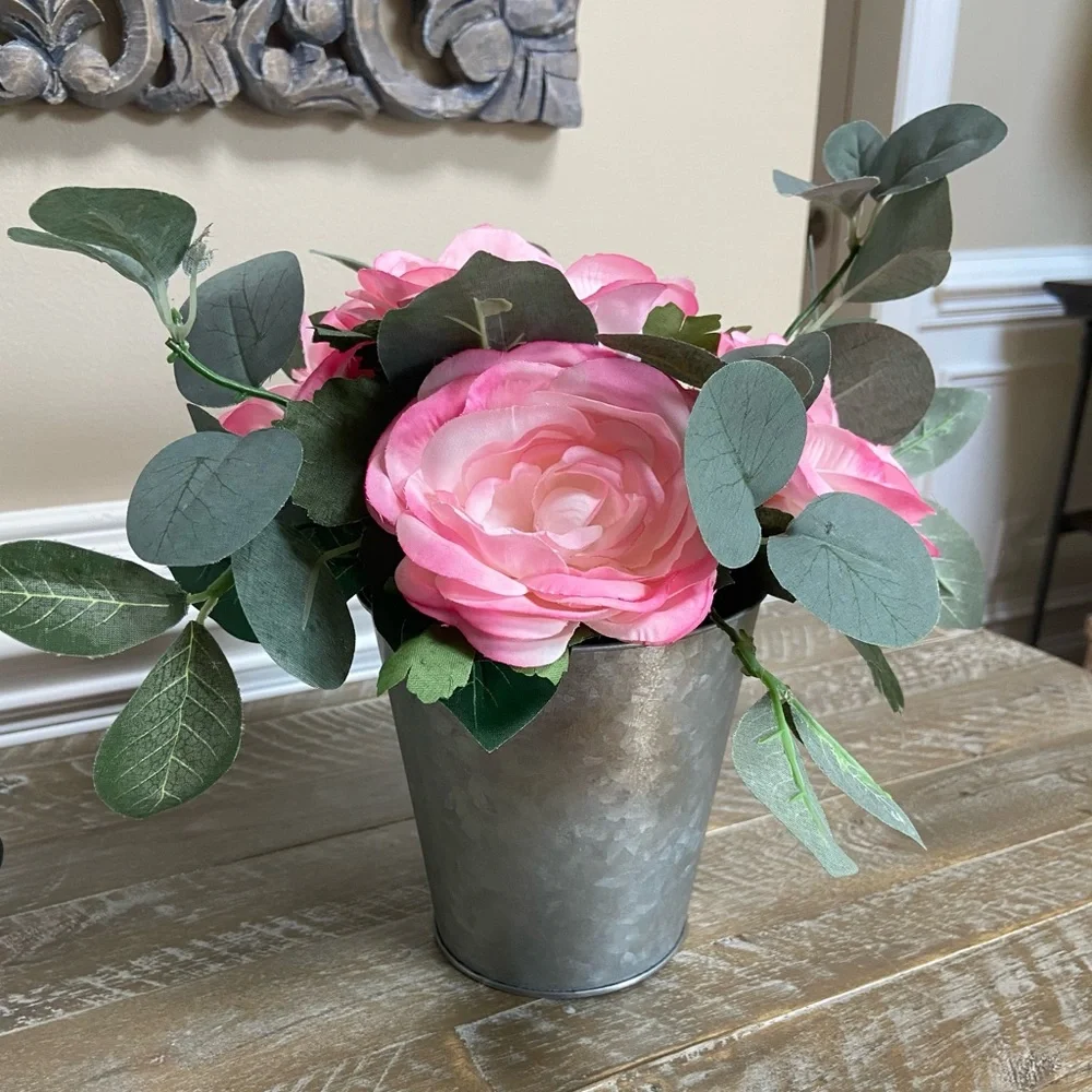 Petal Pink Silk Rose Arrangement Hammered Tin Style Bucket Love Blooms Eternal